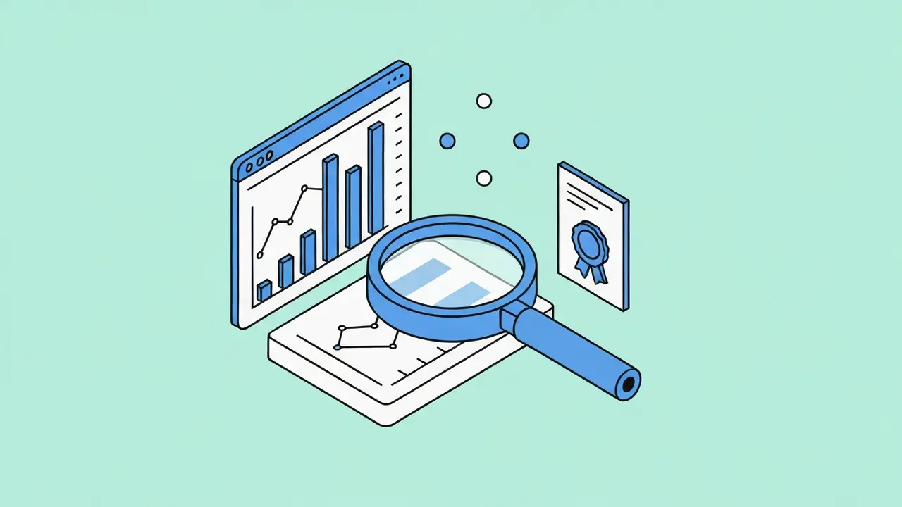 Magnifying glass over analytics dashboard with publication data charts for EB-1A immigration evidence